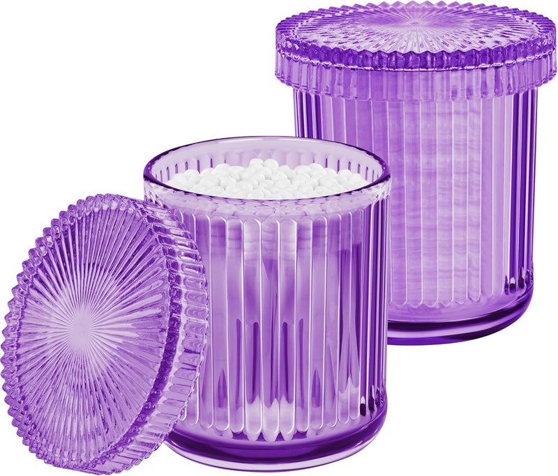 2 Pack Qtip Holder - Apothecary Jars with Lids, Bathroom Organizers and Storage Canister for Cotton Balls,Swabs,Floss Picks,Hair Ties,Clear Glass Vintage Bathroom Decor Jar Set (purple)